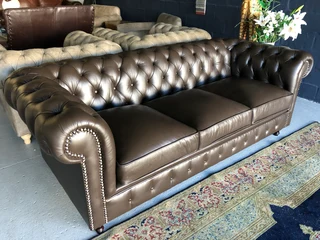 Brand new 2.2m full bovine genuine leather CHESTERFIELD three seater sofa. (IMVELO OXBLOOD BROWN)
