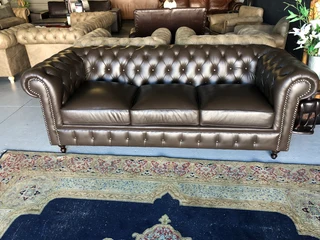 Brand new 2.2m full bovine genuine leather CHESTERFIELD three seater sofa. (IMVELO OXBLOOD BROWN)