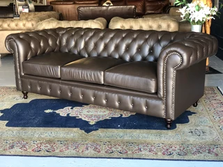 Brand new 2.2m full bovine genuine leather CHESTERFIELD three seater sofa. (IMVELO OXBLOOD BROWN)