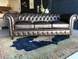 Brand new 2.2m full bovine genuine leather CHESTERFIELD three seater sofa. (IMVELO OXBLOOD BROWN)