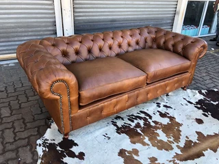 (ON PROMOTION) Brand new genuine leather 2.2m Chesterfield three seater sofa. (100% FULL GAMESKIN)