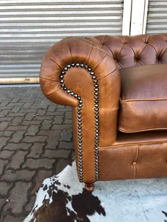 (ON PROMOTION) Brand new genuine leather 2.2m Chesterfield three seater sofa. (100% FULL GAMESKIN)