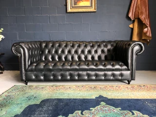 Brand new 2.2m genuine leather full deep buttoned Chesterfield three seater sofa. (CRACKLE BLACK)