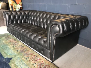 Brand new 2.2m genuine leather full deep buttoned Chesterfield three seater sofa. (CRACKLE BLACK)