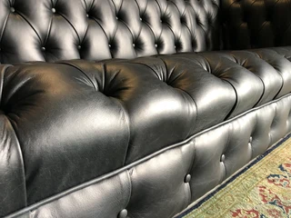 Brand new 2.2m genuine leather full deep buttoned Chesterfield three seater sofa. (CRACKLE BLACK)
