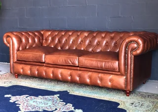 Newly Manufactured 2.2m Large Genuine Leather Chesterfield Three Seater Sofa. (savannah Brown)