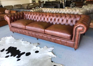 (on Promotion) Brand New & Large 2.8m Gameskin Genuine Leather Three Division Chesterfield Sofa.