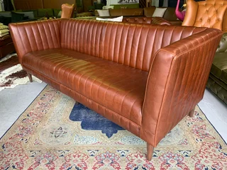 Brand New 2.4m Retro Design Three Seater Genuine Leather Couch, Channel Stitched Detailing All-round