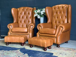 2 X Large Genuine Leather Westminister Wingback Armchairs Plus 2 X Footstool Ottomans.  r13995 Each