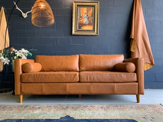 Brand new 2.3m genuine leather HOXSTON STYLE three seater sofa plus 2 x FREE ROUND BOLSTER CUSHIONS)