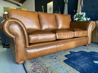 Imma 2.2m Genuine Leather Studio Style Three Seater Sofa, Classic Round Scroll Armrest Design