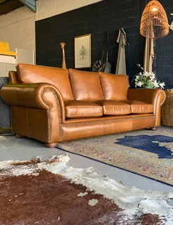 Imma 2.2m genuine leather STUDIO STYLE three seater sofa, CLASSIC ROUND SCROLL ARMREST DESIGN