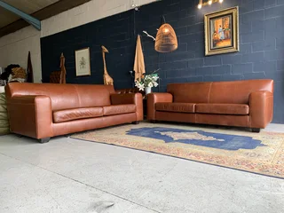 2 X Brand New 2.2m Full Grain Genuine Leather Kariba Style Large Three Seater Sofas (savannah Brown)