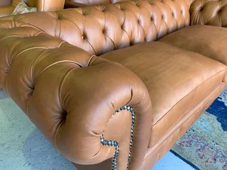 (ON PROMOTION) Brand new genuine leather 2.2m Chesterfield three seater sofa (PISTA PECAN TAN BROWN)
