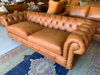 (ON PROMOTION) Brand new genuine leather 2.2m Chesterfield three seater sofa (PISTA PECAN TAN BROWN)