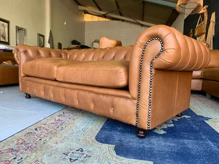 (ON PROMOTION) Brand new genuine leather 2.2m Chesterfield three seater sofa (PISTA PECAN TAN BROWN)