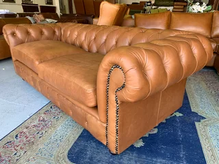 (ON PROMOTION) Brand new genuine leather 2.2m Chesterfield three seater sofa (PISTA PECAN TAN BROWN)