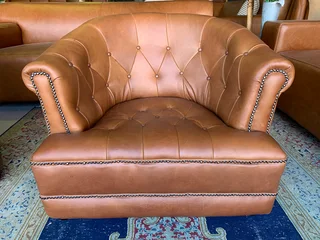 (ON PROMOTION) 2 x immaculate genuine leather DEEP BUTTONED CHESTERFIELD tubchairs R15995 for both.