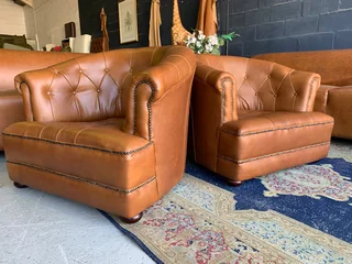 (on Promotion) 2 X Immaculate Genuine Leather Deep Buttoned Chesterfield Tubchairs R15995 For Both.