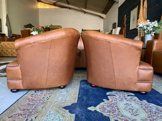 (ON PROMOTION) 2 x immaculate genuine leather DEEP BUTTONED CHESTERFIELD tubchairs R15995 for both.