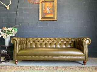 A Classic 2.1m Olive Green Genuine Leather Chesterfield Three Seater Sofa. (a Vintage Collection)