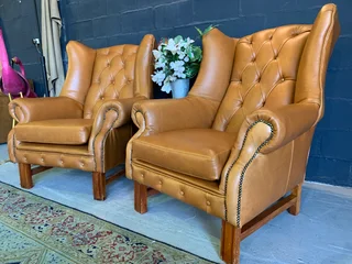 2 X Immaculate Genuine Leather Large Vintage Wingback Armchairs. (immediately Available) R13995 Both