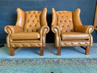 2 x immaculate genuine leather large vintage Wingback armchairs. (IMMEDIATELY AVAILABLE) R13995 both