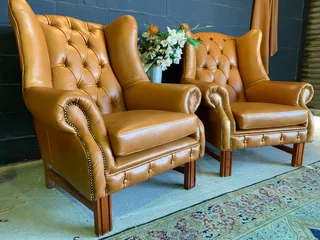 2 x immaculate genuine leather large vintage Wingback armchairs. (IMMEDIATELY AVAILABLE) R13995 both