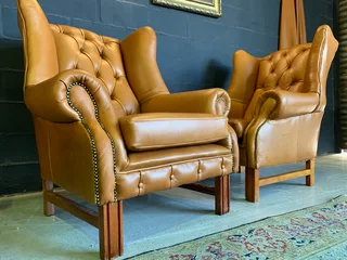 2 x immaculate genuine leather large vintage Wingback armchairs. (IMMEDIATELY AVAILABLE) R13995 both