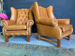 2 x immaculate genuine leather large vintage Wingback armchairs. (IMMEDIATELY AVAILABLE) R13995 both