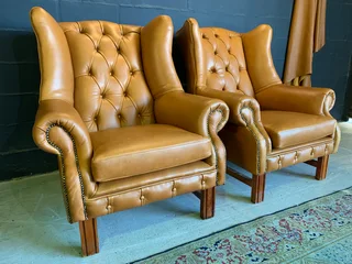 2 x immaculate genuine leather large vintage Wingback armchairs. (IMMEDIATELY AVAILABLE) R13995 both