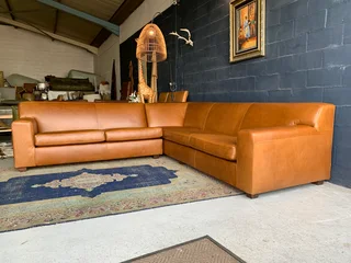 (ON PROMOTION) Extremely large (3m x 3m) KARIBA STYLE genuine leather L-shape corner lounge suite.