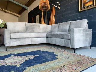 A magnificent (2.4m x 2.4m) ZAMBEZI GRAPHITE GREY genuine leather L-shape corner lounge suite,