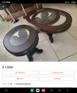 Urgent sale !!!X2 Dark brown wooden tables with intricate detail and glass tops