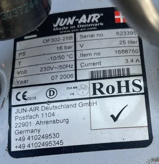 One of the best makes in the world, Jun - Air OF 302-25B compressor from Germany.