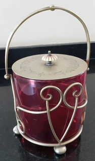 Cranberry glass and metal vintage biscuit barrel.