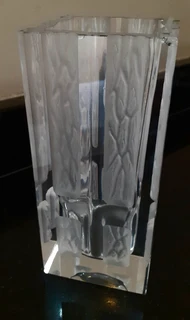 Vase, lead crystal, thick square ornately frosted.