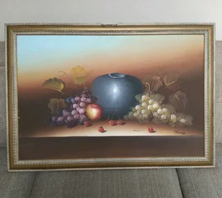 Original oil painting by Thomas. Still life, measures 100cm x 70cm framed.