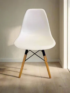 Stylish White Plastic Dining Chair with Wooden Legs- A55115