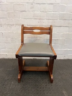 Vintage Hardwood Dining Chair With Grey Leather Cushioned Seat - Price Drop- A48748
