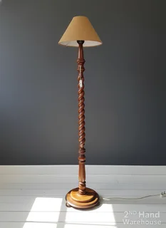 Vintage Barley Twist Wooden Floor Lamp with Burlap Shade- A56317