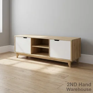 Modern Wood &amp; White TV Unit with Storage - Fair used- A56656
