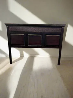 Elegant Dark Wood Queen Size Headboard with Rattan Accents- A54945