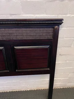 Elegant Dark Wood Queen Size Headboard with Rattan Accents- A54945