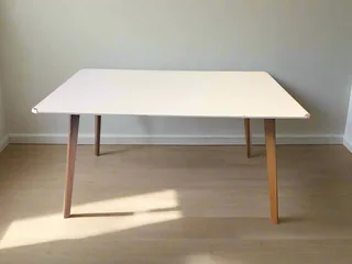 Chic White Rectangular Table With Natural Wood Legs – Minor Wear - Reduced- A55497