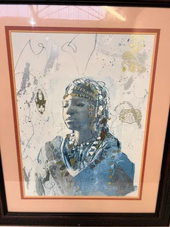 Elegant Framed Art Print of a Woman in Blue Attire- A54116