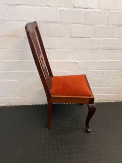 Vintage Wooden Accent Chair with Orange Velvet Seat – Seats need attention- A54687