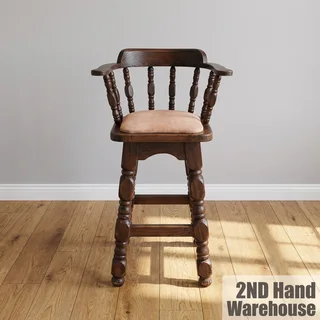 Vintage Captain's Style Wooden Bar Stool with Upholstered Seat- A56744