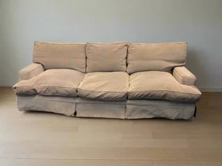 Beige Three Seater Block &amp; Chisel Couch (Minor Fabric Wear) -REDUCED- A50828