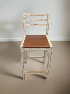 Rustic Wooden Bar Chair with Distressed White Finish- A55137